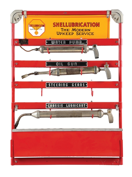 RARE SHELL SHELLUBRICATION PORCELAIN RACK SIGN W/ ARO HAND GUN RACK. 