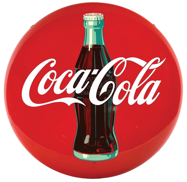 COCA COLA TIN BUTTON SIGN W/ BOTTLE GRAPHIC. 