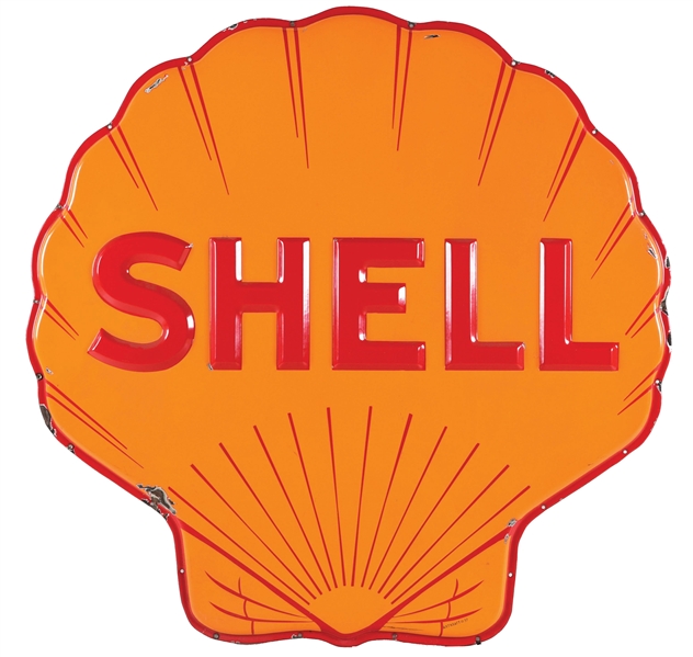 SHELL GASOLINE EMBOSSED PORCELAIN SERVICE STATION SIGN. 