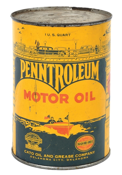 PENNTROLEUM MOTOR OIL ONE QUART CAN W/ MARINE & CITY GRAPHIC. 