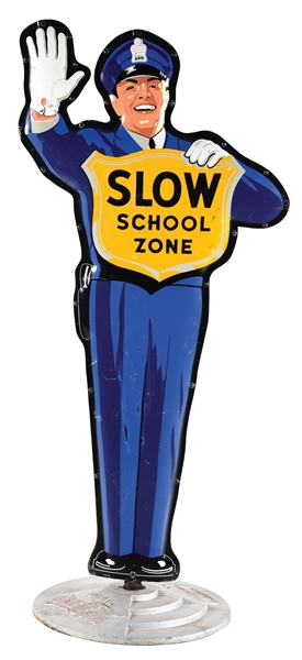 COCA-COLA SLOW SCHOOL ZONE TRAFFIC OFFICER EMBOSSED TIN SIGN W/ COCA COLA BASE. 