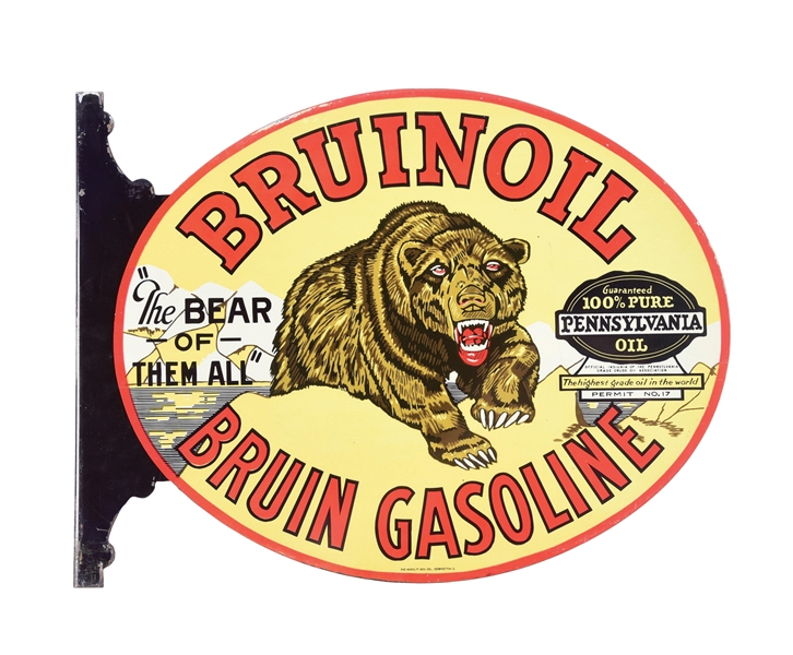 RARE & OUTSTANDING BRUINOIL & BRUIN GASOLINE TIN FLANGE W/ BEAR GRAPHIC. 