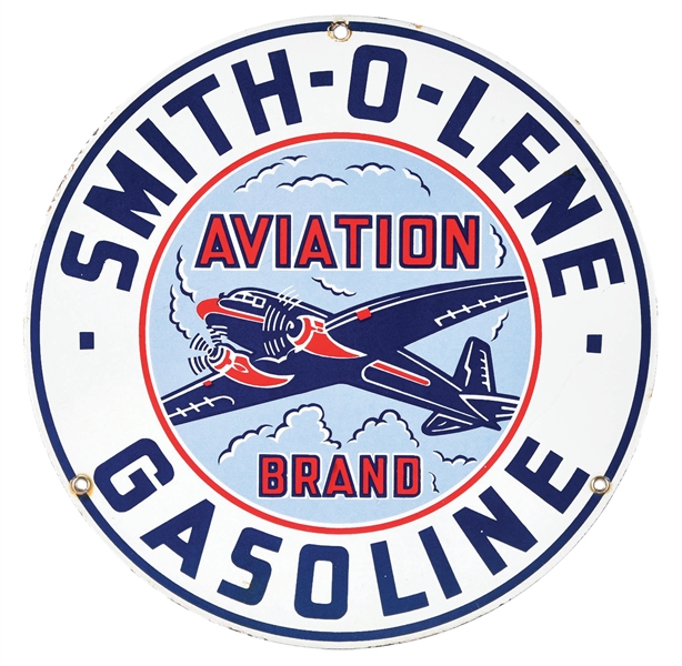 OUTSTANDING & ICONIC SMITHOLENE AVIATION BRAND GASOLINE PORCELAIN PUMP PLATE SIGN W/ AIRPLANE GRAPHIC. 