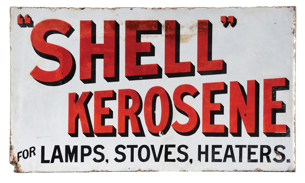 SHELL KEROSENE FOR LAMPS STOVES & HEATERS PORCELAIN FLANGE SIGN. 