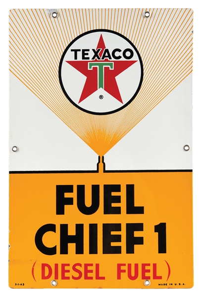 TEXACO FUEL CHIEF #1 DIESEL FUEL PORCELAIN PUMP PLATE SIGN.