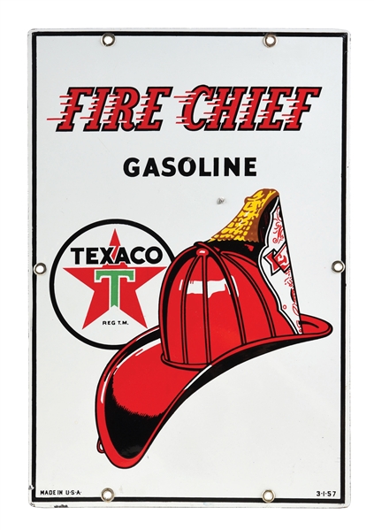 TEXACO FIRE CHIEF GASOLINE PORCELAIN PUMP PLATE SIGN W/ FIRE HELMET GRAPHIC. 