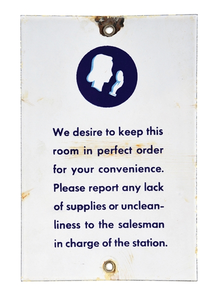 RARE UNION OIL COMPANY PORCELAIN SERVICE STATION REST ROOM SIGN W/ WOMAN GRAPHIC. 