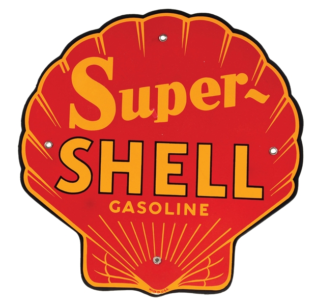 OUTSTANDING SUPER SHELL GASOLINE PORCELAIN PUMP PLATE SIGN. 