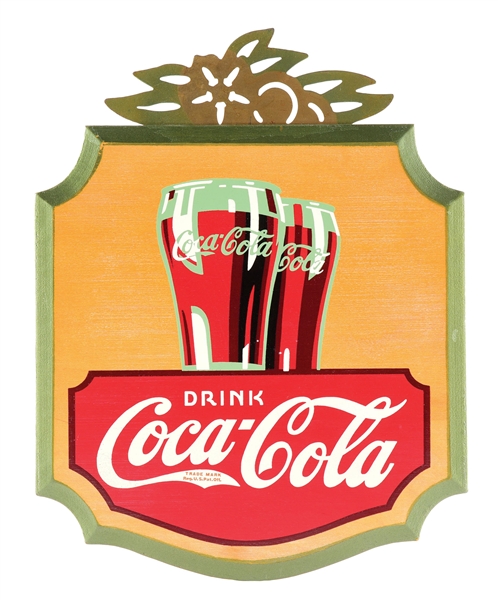 DRINK COCA COLA KAY DISPLAY PAINTED WOOD SIGN W/ METAL MARQUEE TOPPER. 