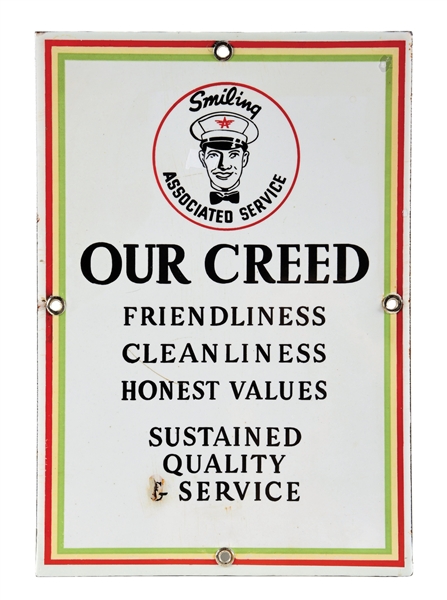 ASSOCIATED "OUR CREED" PORCELAIN SERVICE STATION SIGN W/ ATTENDANT GRAPHIC. 