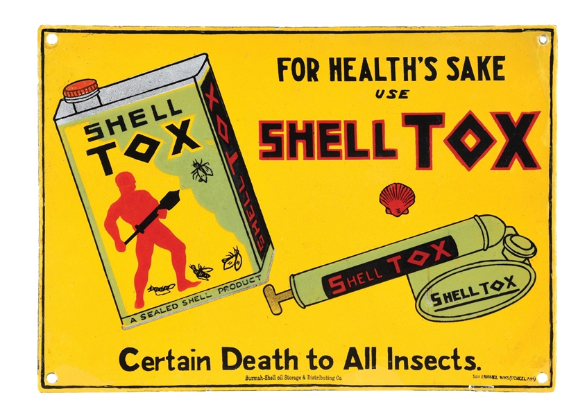 SHELL TOX INSECT SPRAY PORCELAIN SIGN W/ CAN & SPRAYER GRAPHIC. 