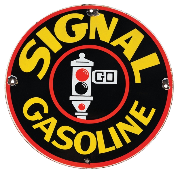 SIGNAL GASOLINE PORCELAIN PUMP PLATE SIGN W/ "RED LIGHT" STOP LIGHT GRAPHIC. 