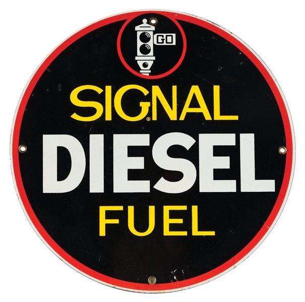 RARE SIGNAL DIESEL FUEL PORCELAIN PUMP PLATE SIGN W/ BLACK STOP LIGHT GRAPHIC. 