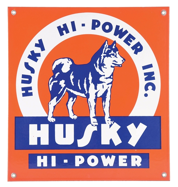 OUTSTANDING HUSKY HI-POWER GASOLINE "LARGE" PORCELAIN PUMP PLATE SIGN. 