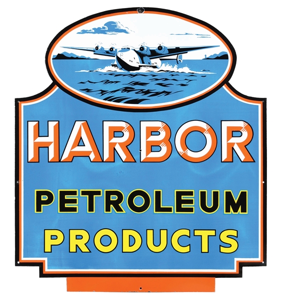 OUTSTANDING HARBOR PETROLEUM PRODUCTS PORCELAIN SIGN W/ AIRCRAFT GRAPHIC. 