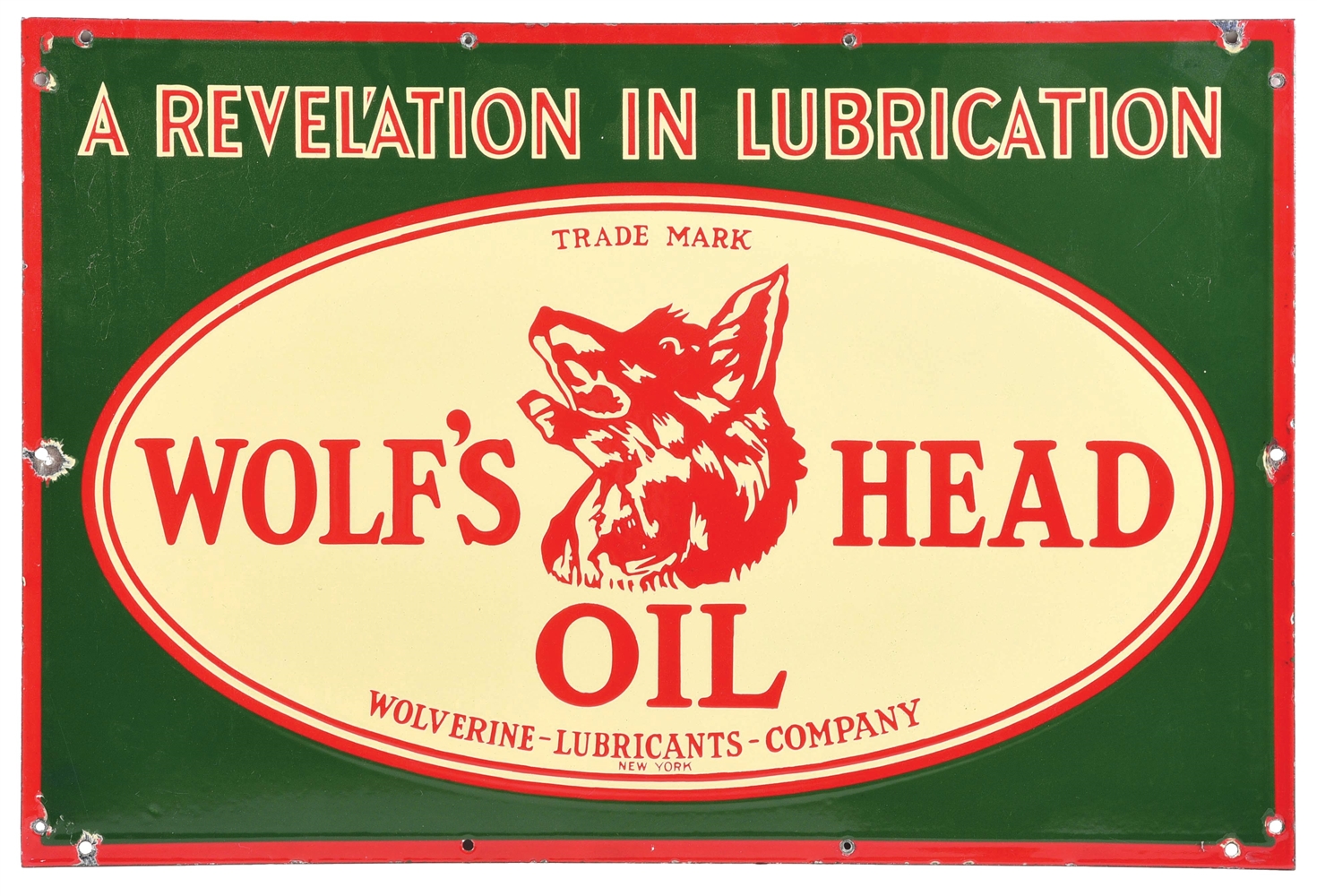RARE WOLFS HEAD OIL "A REVELATION IN LUBRICATION" PORCELAIN SERVICE STATION SIGN. 