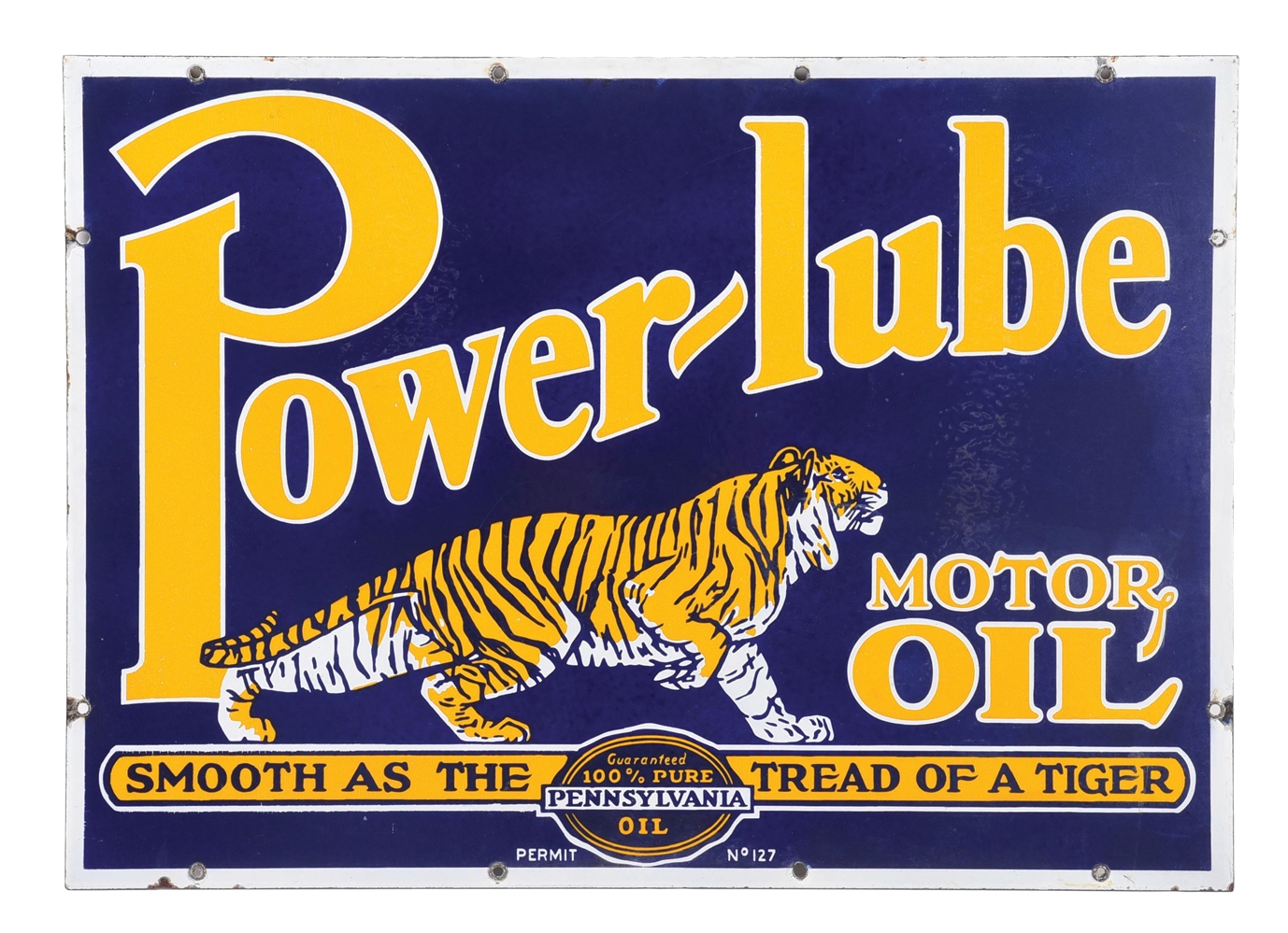 POWERLUBE MOTOR OILS PORCELAIN SERVICE STATION SIGN W/ TIGER GRAPHIC. 