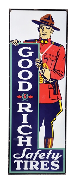 RARE & OUTSTANDING GOODRICH TIRES "MOUNTIE" PORCELAIN SIGN. 
