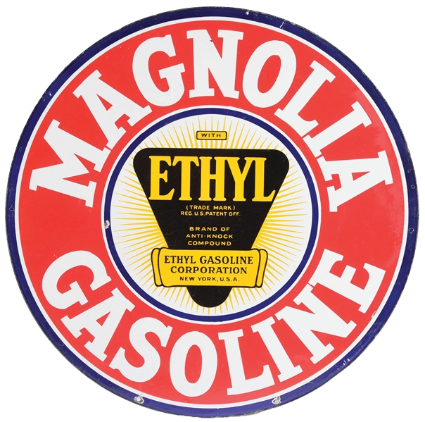 MAGNOLIA ETHYL GASOLINE PORCELAIN SERVICE STATION SIGN W/ ETHYL BURST GRAPHIC. 