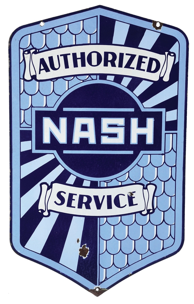 NASH AUTOMOBILES AUTHORIZED SERVICE PORCELAIN SHIELD SIGN. 