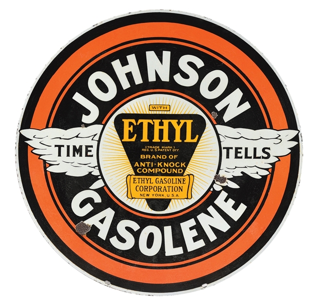 JOHNSON ETHYL GASOLENE PORCELAIN SERVICE STATION SIGN W/ WING GRAPHIC.