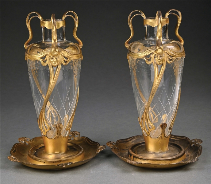 LOT OF 2: ORIVIT ART NOUVEAU HAND ETCHED CRYSTAL AND GOLD GILT PEWTER VASES WITH ORIGINAL UNDERPLATES.