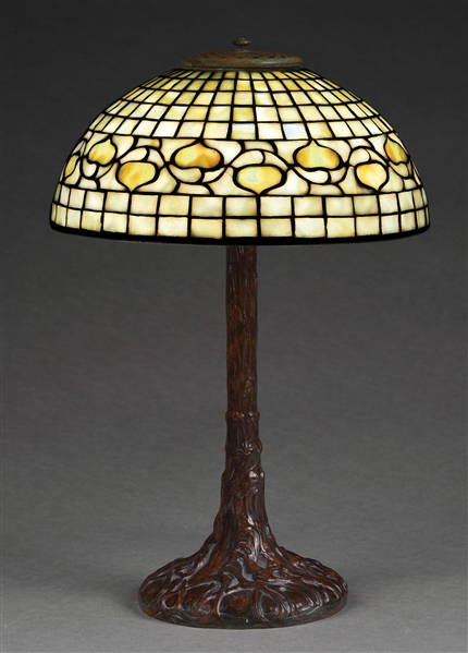 TIFFANY STUDIOS ACORN LEADED GLASS TABLE LAMP.