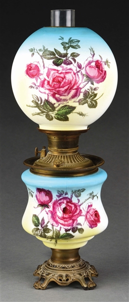 "GONE WITH THE WIND"-STYLE OIL LAMP W/ ROSES.