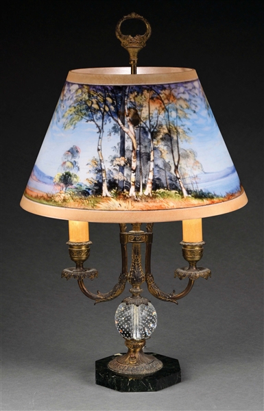 PAIRPOINT REVERSE PAINTED LANDSCAPE LAMP.