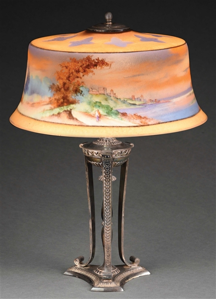 PAIRPOINT REVERSE PAINTED TABLE LAMP W/ LANDSCAPE SCENE.