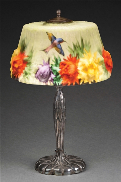 PAIRPOINT REVERSE PAINTED & PUFFY TABLE LAMP W/ HUMMINGBIRDS.