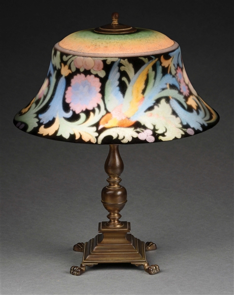 PAIRPOINT REVERSE PAINTED TABLE LAMP W/ BIRDS-OF-PARADISE.