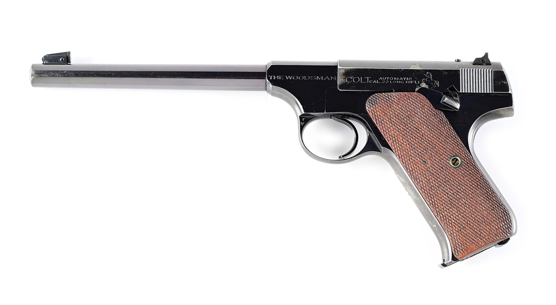 (C) PRE-WAR COLT WOODSMAN SEMI-AUTOMATIC PISTOL WITH GEORGE LAWRENCE MARKED HOLSTER.