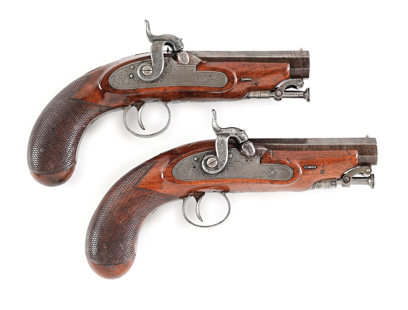 (A) PAIR OF PERCUSSION GREATCOAT PISTOLS BY HEWSON.