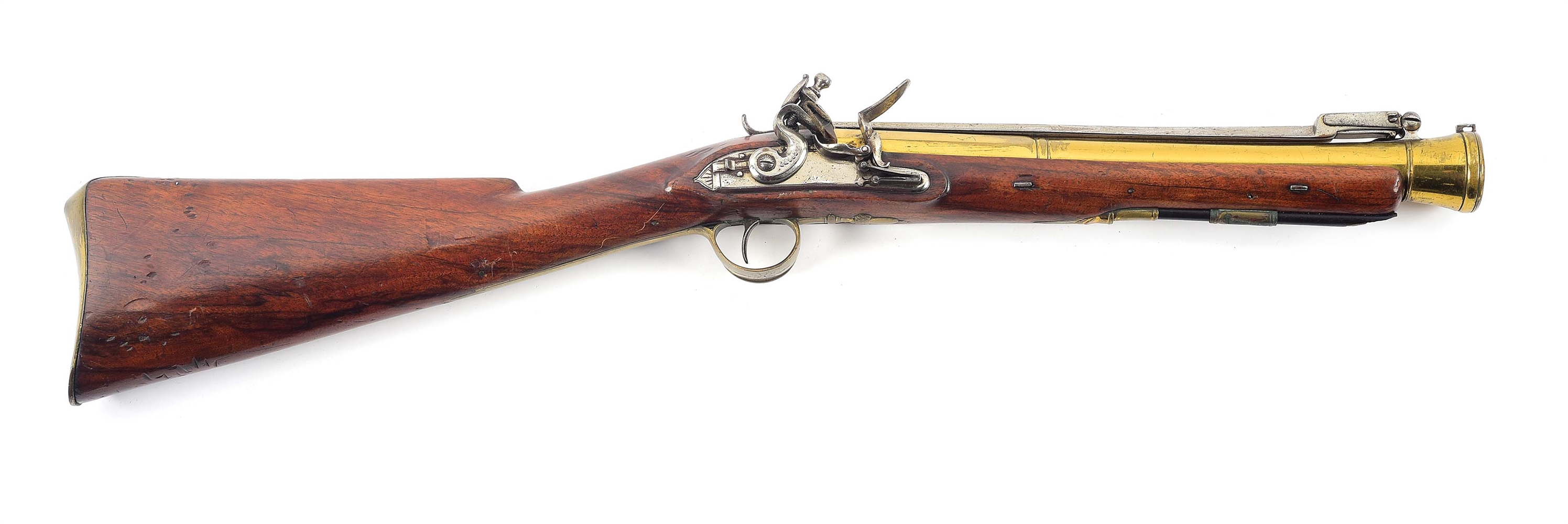 (A) ENGLISH BLUNDERBUSS MARKED LONDON WITH TOP MOUNTED SPRING BAYONET.