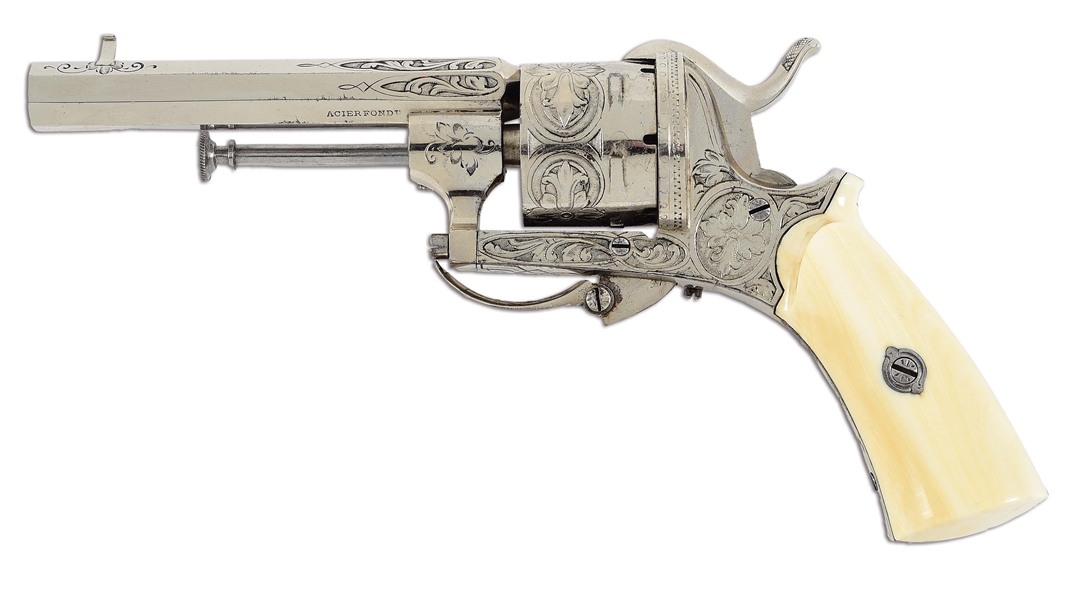 (A) ATTRACTIVE ENGRAVED BELGIAN PINFIRE REVOLVER WITH IVORY GRIPS AND CASE.