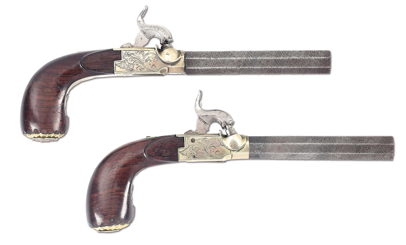 (A) PAIR OF BELGIAN MUFF PISTOLS WITH LONG BARRELS.