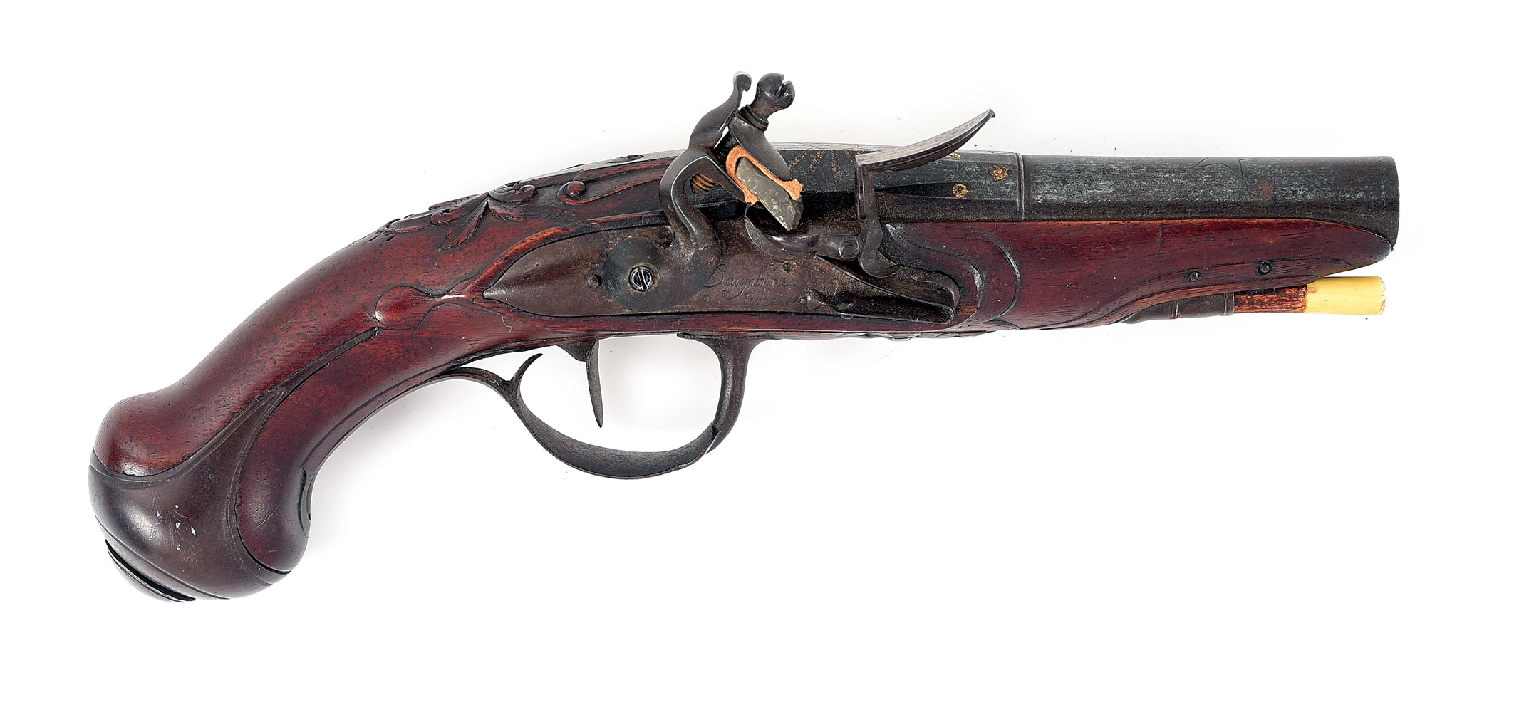 (A) DAUPHINE SIGNED FRENCH FLINTLOCK PISTOL WITH BELT HOOK AND DECORATED BARREL.