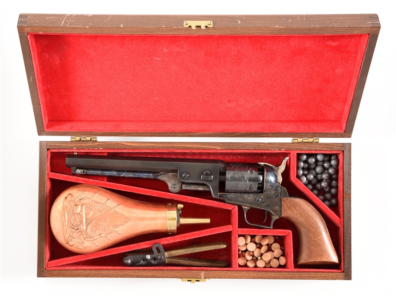 (A) ASM COLT 1851 NAVY REPRODUCTION PERCUSSION REVOLVER WITH CASE AND ACCESSORIES.