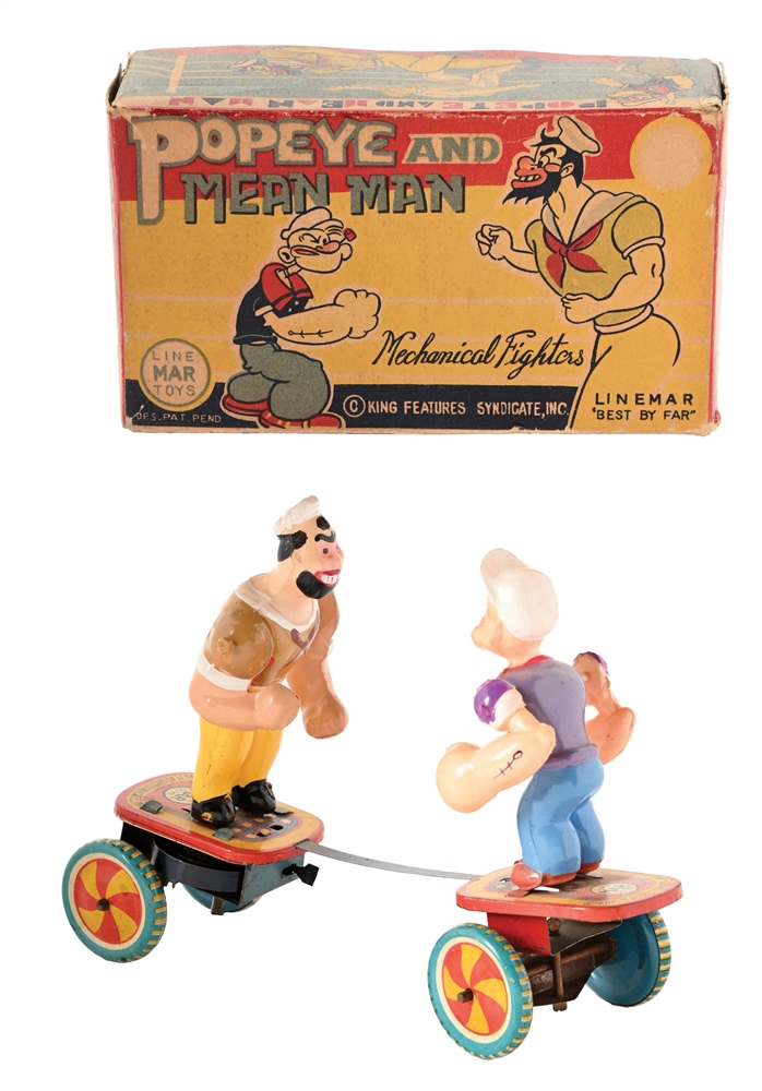 JAPANESE TIN LITHO AND CELLULOID POPEYE AND MEAN MAN FIGHTING TOY IN SCARCE ORIGINAL BOX.