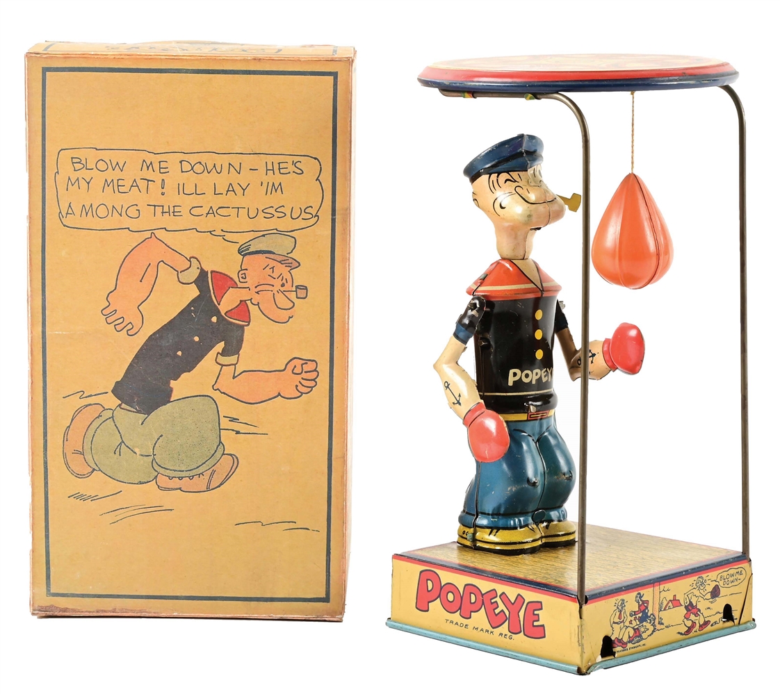 J. CHEIN TIN LITHO WIND-UP POPEYE OVERHEAD PUNCHING BAG TOY.