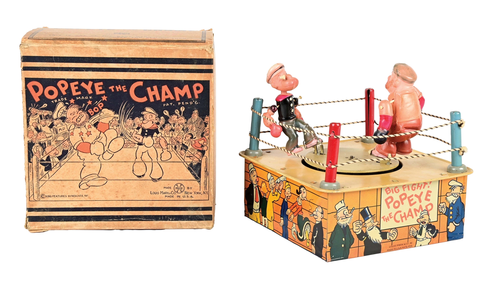 MARX TIN LITHO AND CELLULOID WIND-UP POPEYE THE CHAMP TOY.