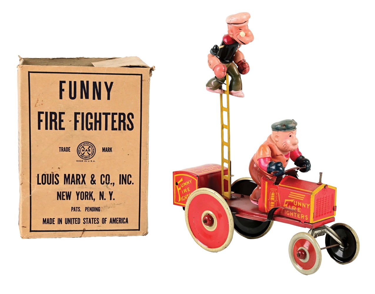 MARX TIN LITHO AND CELLULOID WIND-UP POPEYE FUNNY FIRE FIGHTERS TOY.