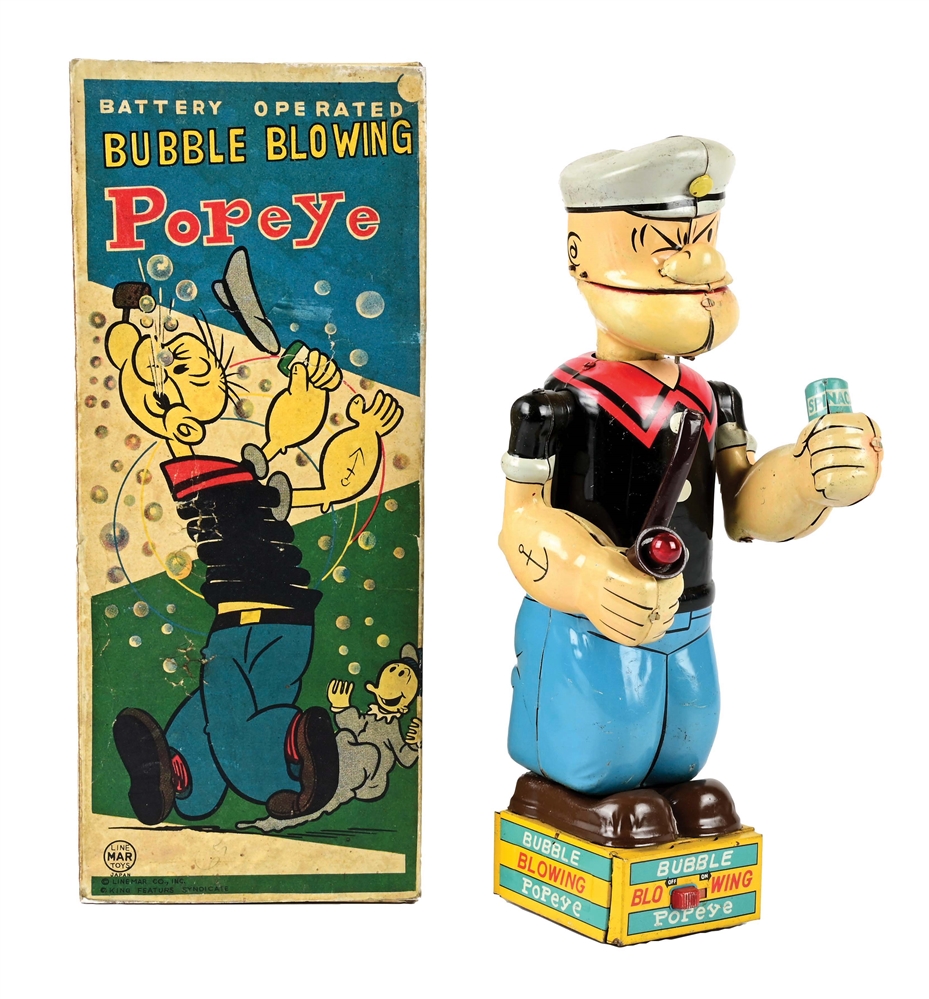 JAPANESE TIN LITHO BATTERY-OPERATED BUBBLE BLOWING POPEYE TOY.