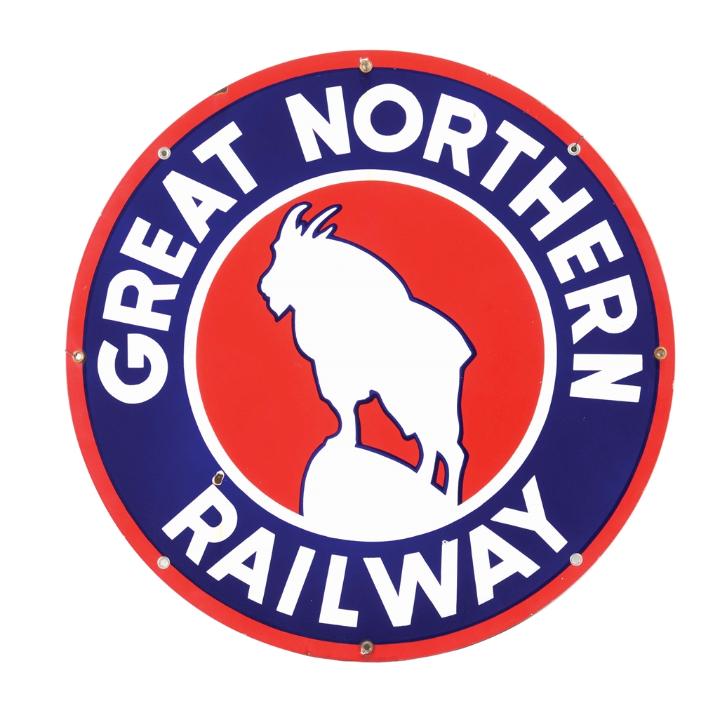 GREAT NORTHERN RAILWAY PORCELAIN SIGN W/ MOUNTAIN GOAT GRAPHIC. 