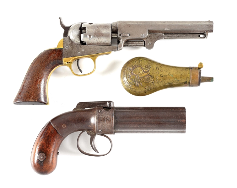 (A) LOT OF 3: COLT MODEL 1849 POCKET PISTOL WITH FLASK AND ALLAN & WHEELOCK 6 SHOT PEPPERBOX.