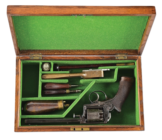 (A) DEANE, ADAMS, AND DEANE PERCUSSION DOUBLE ACTION REVOLVER WITH CASE, ACCESSORIES.
