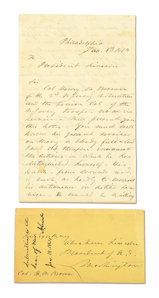 LINCOLN ENDORSED AND SIGNED ENVELOPE: RECOMMENDATION FOR COL. H.W. BROWN, 3RD NJ VOLS BY JUDGE S.J. BAYARD.