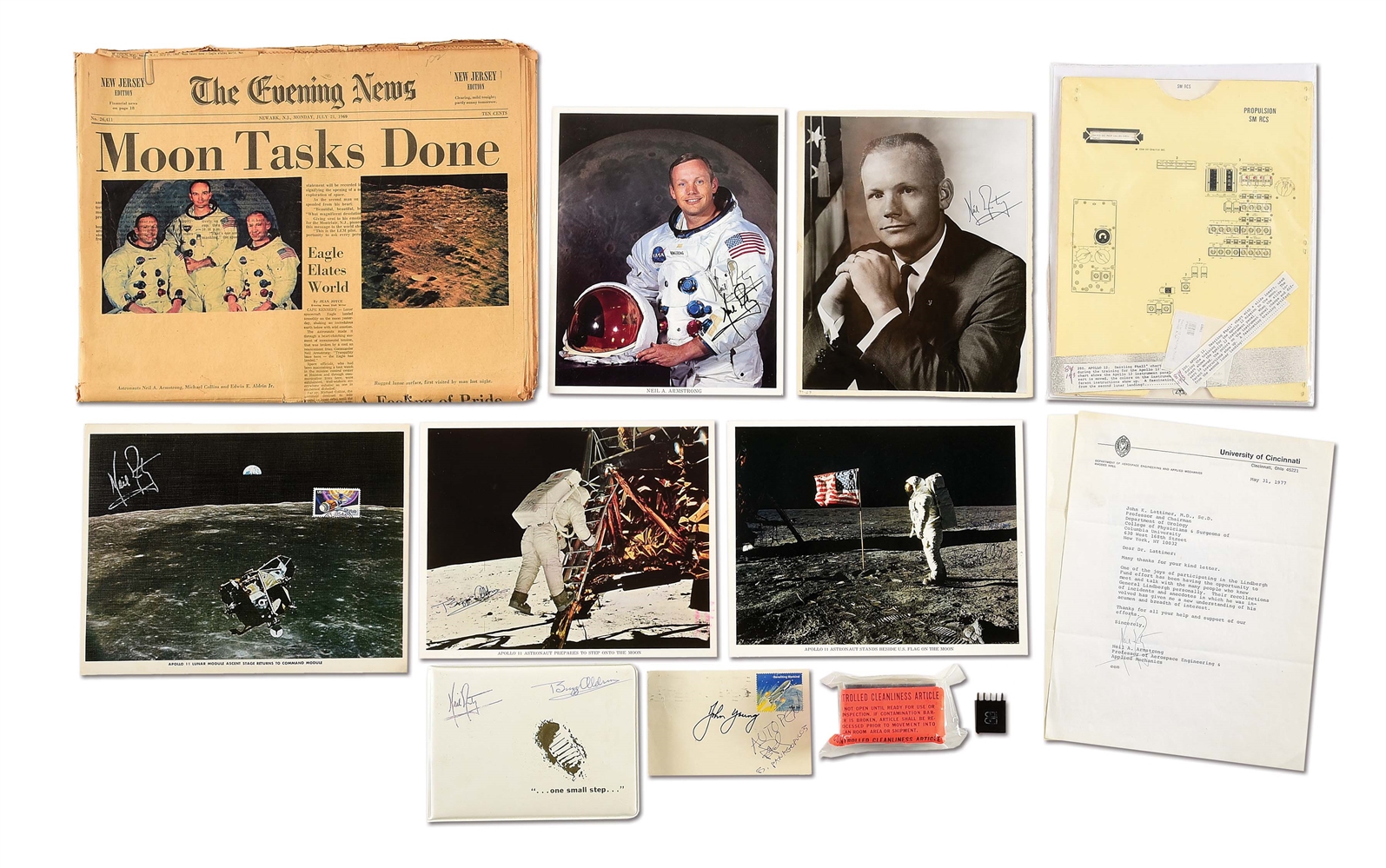 LARGE LOT OF NASA MEMORABILIA FROM THE APOLLO MISSIONS INCLUDING SIGNITURES FROM NEIL ARMSTRONG AND BUZZ ALDRIN, EX-LATTIMER.
