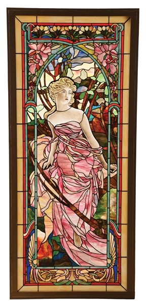 LARGE STAINED GLASS WINDOW W/ MAIDEN.